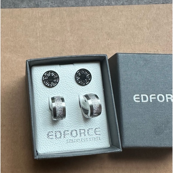 edforce Accessories Edforce Men Diamond Accent Stainless Steel Earrings Set Black Silver